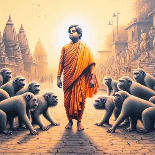 Swami Vivekananda facing monkeys of Varanasi
